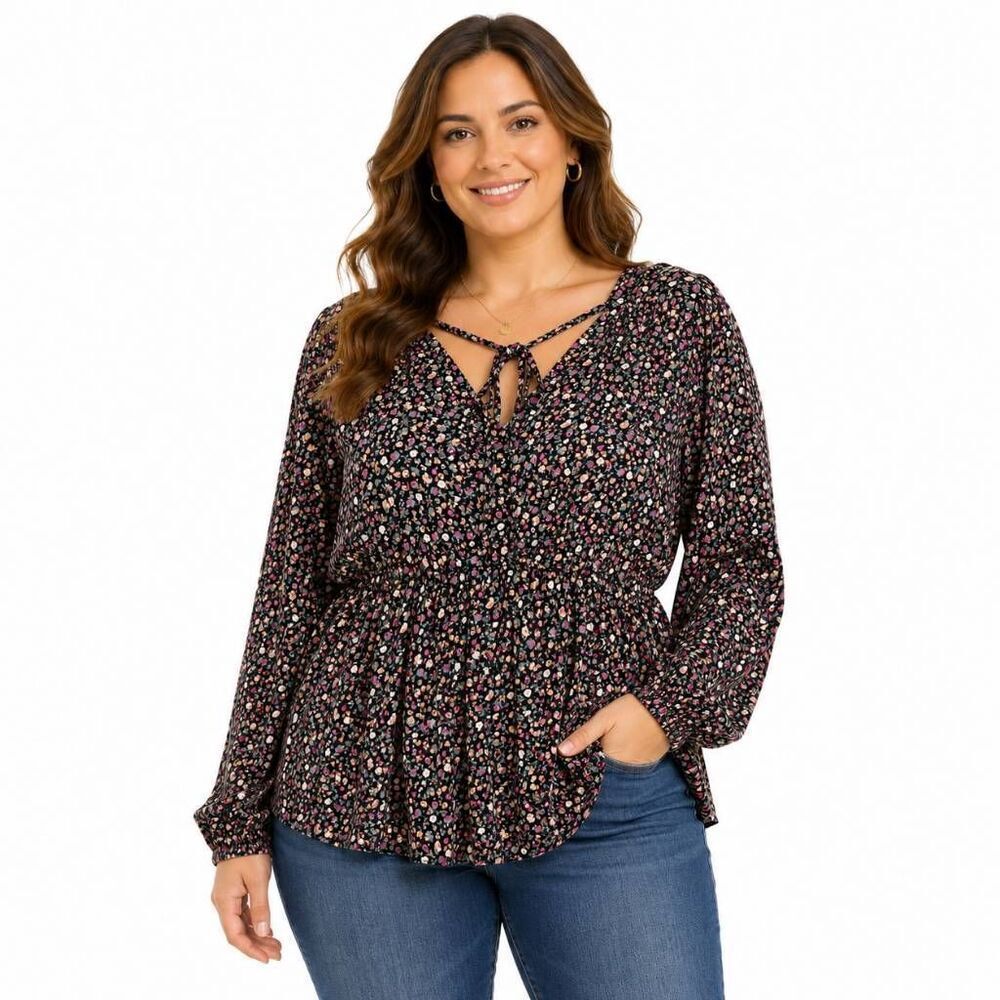 Maurices Large Floral Peasant Blouse Boho Tie Neck Top